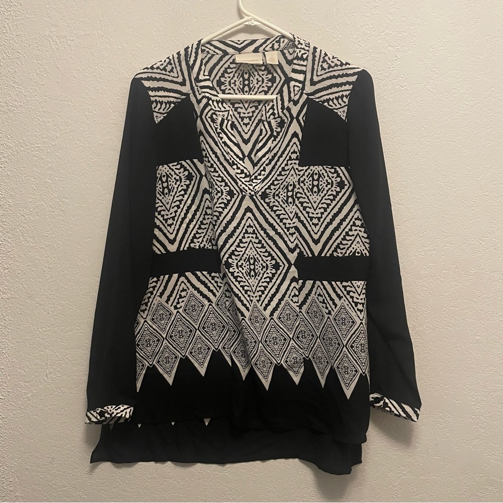 Chico's 1 (M) Georgette Tunic Blouse Womens Tribal Mix Block Print Black sheer